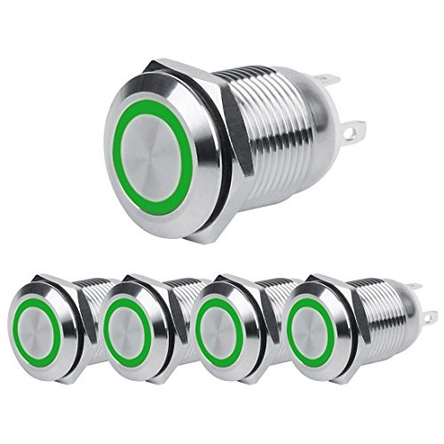 Andux Land Metal Push Button Switch Green LED Ring 2A 12mm Momentary 5pcs JSANKG02