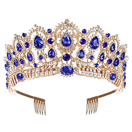 Women Luxurious Crystal Rhinestone Bridal Crown Princess Headpieces Girls Tiara Accessory with Comb Gold  Blue