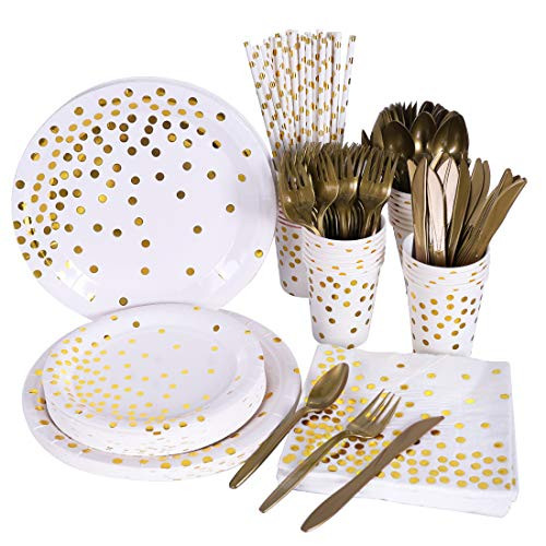 Disposable Paper Plates Dinnerware Set  Dinner Plates Dessert Plates 9oz Cups Napkins Cutlery Straws for Wedding Birthday Party Halloween Christmas Baby Shower Serves 24