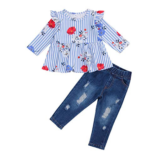 Toddler Baby Girl Ripped Jeans Outfit Off Shoulder Crop Top Denim Pants Set Halloween Outfit Clothes Blue Stripe 1218 Months