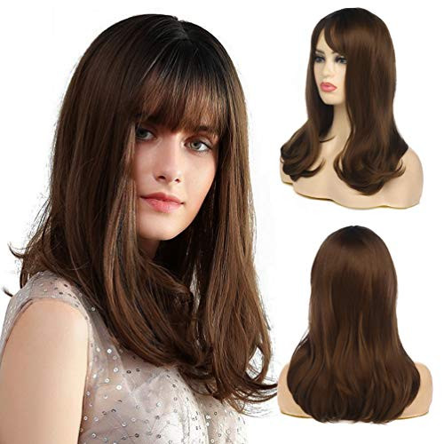 Beweig Women Ombre Brown Wig Dark Roots Natural Black Long Straight Hair Synthetic Cosplay Full Wigs with Bangs