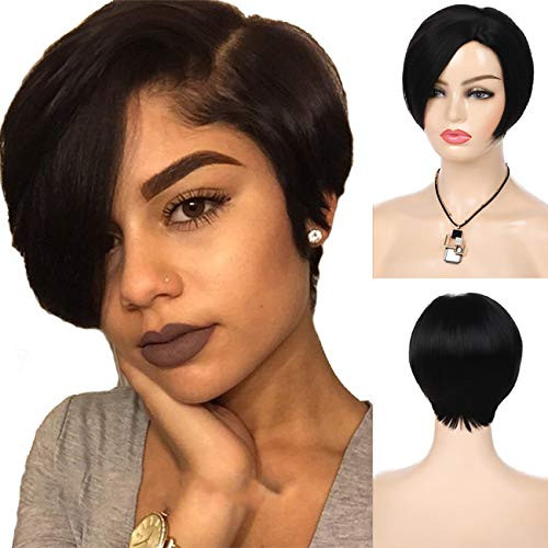 Baruisi Pixie Cut Black Bob Wigs for Women Short Straight Side Part Wig Natural Synthetic Heat Resistant Cosplay Wig