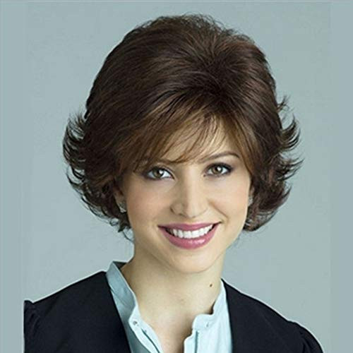 Beweig Womens Short Fluffy Brown Wig Curly Wavy Synthetic Cosplay Wig Heat Resistant Hair Full Wigs with Bangs