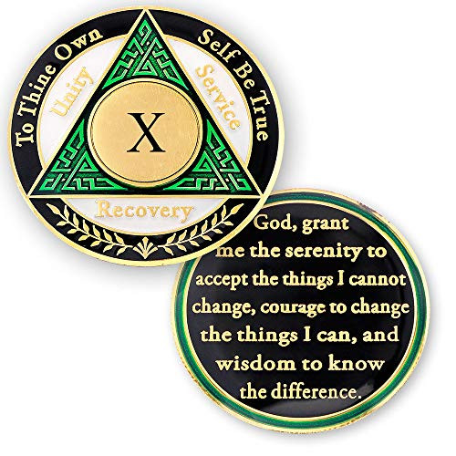 10 Year AA Medallions Coin  Alcoholics Anonymous Chips  Ten Year Coins  Green White Black Token