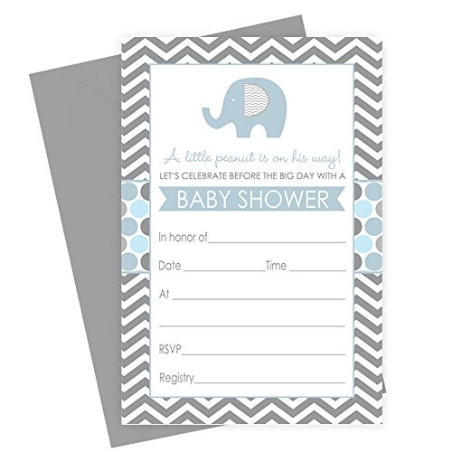 Paper Clever Party Blue Elephant Baby Shower Invitations with Gray Envelopes Fill In Set of 15