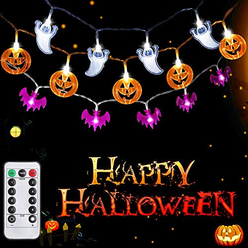 SYIHLON Set of 3 Halloween Decorations Lights with Remote8 Modes 90 LEDs IP65 Waterproof Battery Operated Pumpkin Bat Ghost Fairy String Lights for Window Porch Bar Outdoor Indoor Halloween Decor