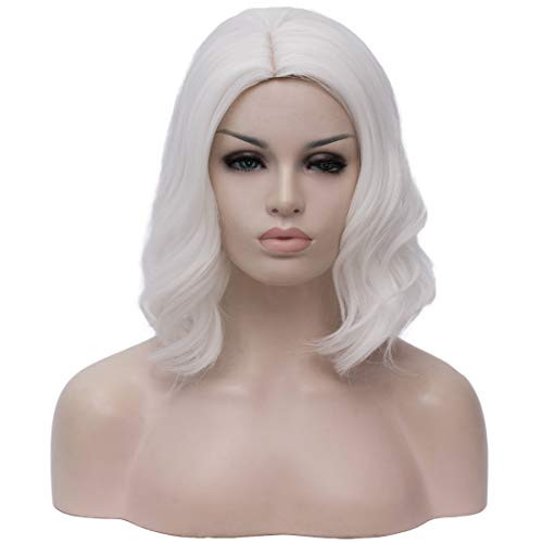 BUFASHION Bob Curly Wavy Wig Short White Wigs Cosplay Costume Halloween Wigs For Women With Wig Cap White