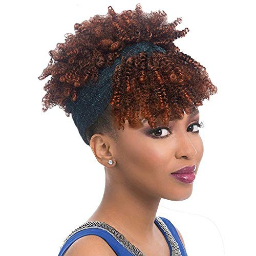 XIUFAXIRUSI Ombre Brown Short Curly Synthetic Wigs with Headband HeadWrap Wig 2 in 1 with Bangs Natural Looking for Women
