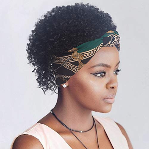 XIUFAXIRUSI Black Short Kinky Curly Wigs with Headband HeadWrap Wig 2 in 1 Natural Looking Synthetic Wigs for Women
