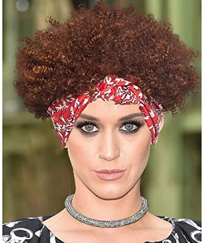 XIUFAXIRUSI Brown Short Afro Curly Wigs with Headband HeadWrap Wig 2 in 1 Natural Looking Synthetic Wigs for Women