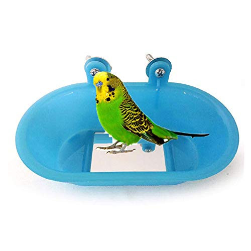 Bird Bath with Mirror Toy for Pet Small Medium Parrot Budgie Parakeet Cockatiel Conure Lovebird Finch Canary African Grey Cockatoo Amazon Cage Healthy Shower Bathing Tub Food Feeder Bowl