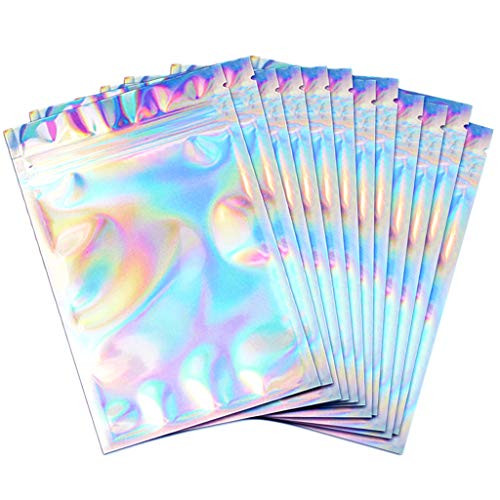 100 Pieces Resealable Smell Proof Bags Foil Ziplock Bags Flat Clear Ziplock Food Storage Bags Pouch Aluminum Foil Bags Plastic Packaging Foil Bags Holographic Rainbow Color 5x7inch