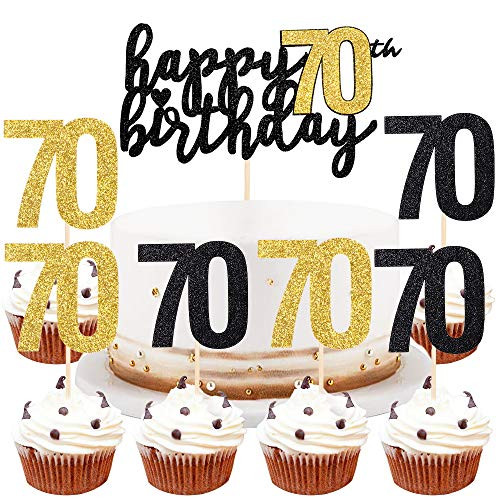 LVEUD Happy Birthday Cake Topper Black Font Golden Numbers 70th Birthday Happy Cake Topper?digital 70 Paper cup Cake topper?Birthday Party Decorations?16? 70