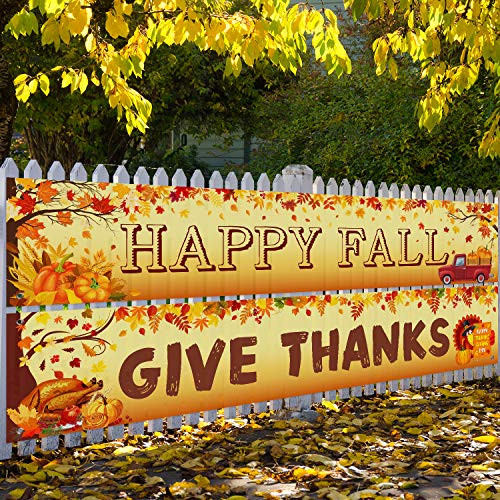 Whaline Fall Banners Thanksgiving Banner Happy Fall Give Thanks Banners Garland Autumn Harvest Banners Maple Pumpkin Turkey Apple Banner for Autumn Party Decor Supplies 67 x 13 Ft