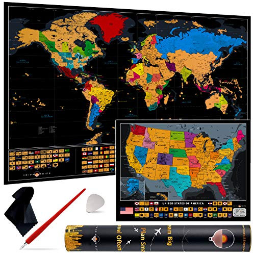 Largest Scratch off Map of the World with Flags  36 x 24 XL Scratch off World Map  Set of Two Scratch off Travel World Map Poster  USA Map  Rich in Detail Travel Map Scratch off Gift for Travelers
