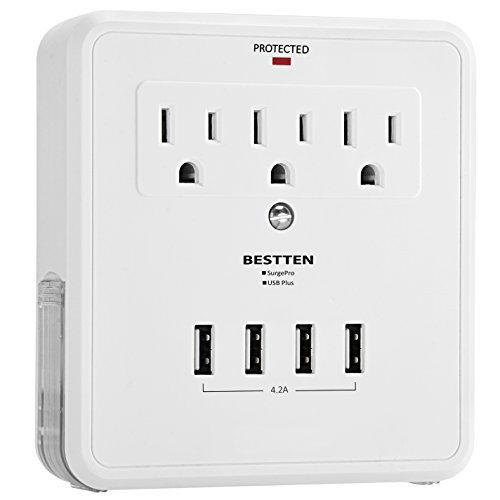 Bestten Multi Outlet Wall Mount Adapter Surge Protector with Four (4) USB Charging Ports, 3 Electrical Outlet Extenders and 2 Slide Out Phone Holders