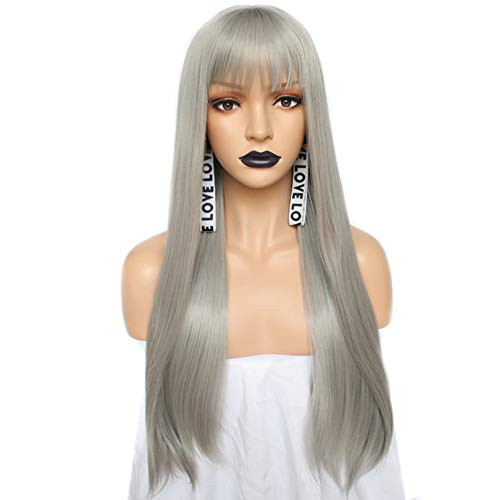 Anogol Hair CapSilver Gray Synthetic Wig With Fringe Long Natural Wavy Hair Wigs For Cosplay