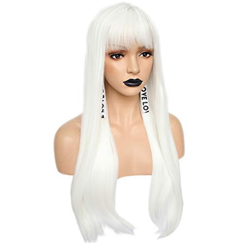 Anogol Hair CapHigh Temperature Long Natural Wavy Wigs White Synthetic Wig With Bangs Hair For Cosplay