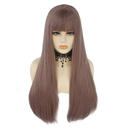 Anogol Hair CapSynthetic Hair Purple Wig Long Natural Wavy Wigs With Bangs Fringe Hairstyle
