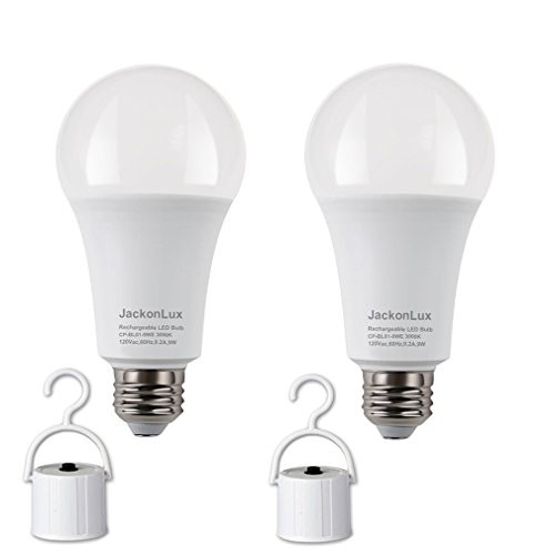 Rechargeable Emergency LED Bulb JackonLux Multi-Function Battery Backup Emergency Light For Power Outage Camping Outdoor Activity Hurricane 9W 850LM 60W Equivalent Soft White 3000K E26 120 Volt 2 Pack