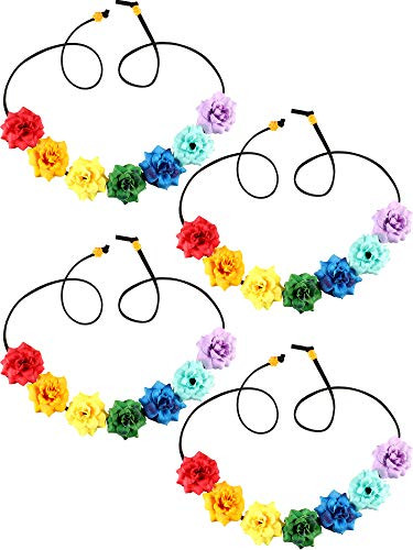 4 Pieces Rainbow Floral Headband Colorful Flower Crown Rose Flower Hair Wreath Rainbow Flower Hair Garlands for Bridal Wedding Celebration