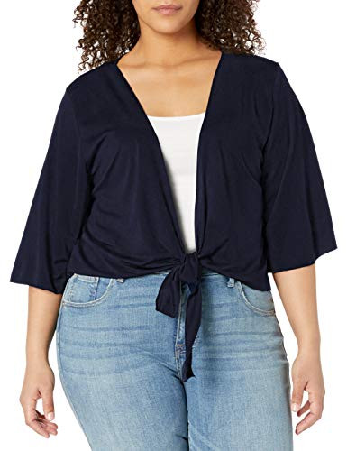 Star Vixen Womens PlusSize 34 Sleeve Tiefront Shrug Navy Solid 2X