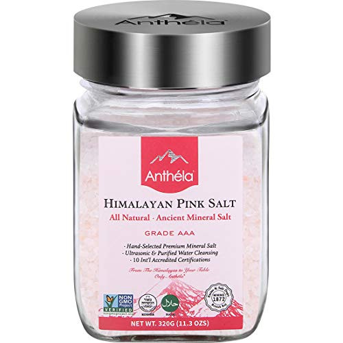 Anthela Himalayan Pink Salt Medium Grain Glass Jar 113oz Premium Organic Gourmet 100 Pure Ancient Mineral Sea Salt Natural and Amazing Flavor NonGMO Kosher Halal Sedex Certified Anthela Himalayan Pink Salt Medium Grain Glass Jar 113oz Premium Organic Gourmet 100 Pure Ancient Mineral Sea Salt Natural and Amazing Flavor NonGMO Kosher Halal Sedex Certified