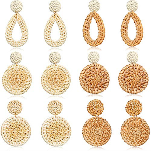 6 Pairs Woven Rattan Earrings Dangle Hoop Tassel Earrings Bohemian Statement Handmade Wicker Straw Circle Drop Earrings Style C