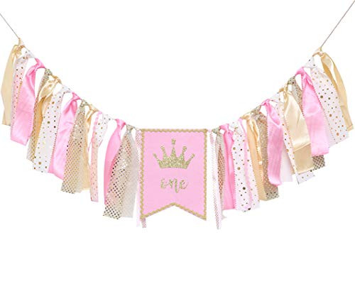 1st Birthday Banner for Baby Girl  Crown Party Theme Pull Flag?Highchair Banner  First Birthday Party Theme Pull Flag  Cute Party Favor Supplies  Smash Cake Decor?Photo Booth Props Pink Crown