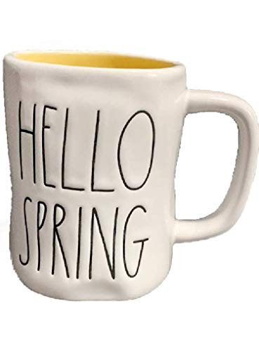 Rae Dunn Hello Spring Mug White LL Yellow Interior Long Letter Coffee Tea Mug