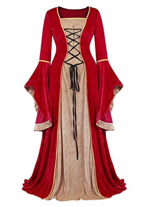 Haorugut Renaissance Costume Women Medieval Dresses Faire Costumes Velvet lace up Irish Dress Red L