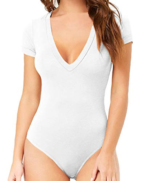 MANGOPOP Womens Modal V Neck Short Sleeve Bodysuit Jumpsuit White Small