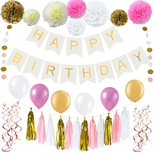 Baby Shower Decorations Happy Birthday Garland Bunting Banner Tissue Paper Flower Pom Poms Paper Lanterns Paper Honeycomb Balls Pink/White/Gold/Ivory Party Decoration Nursery Room Decor By Kubert