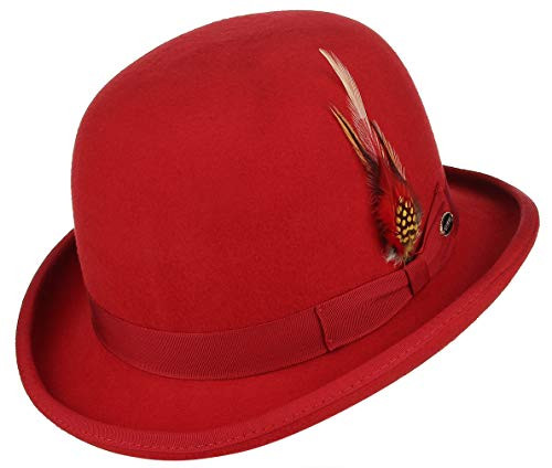 GEMVIE Men Vintage Feather Wool Felt Derby Hat Classic Roll Up Bowler Hat Red