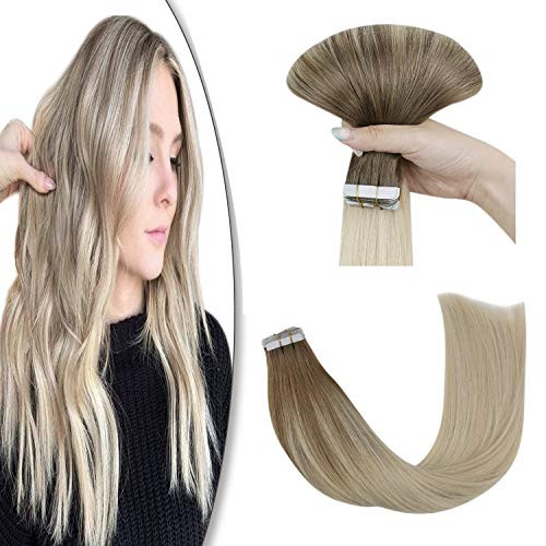 YoungSee 14 Inch Remy Tape in Hair Extensions Balayage Human Hair Light Brown to Platinum Blonde Silky Straight Short Tape in Extensions Ombre Human Hair 20pcs 50g