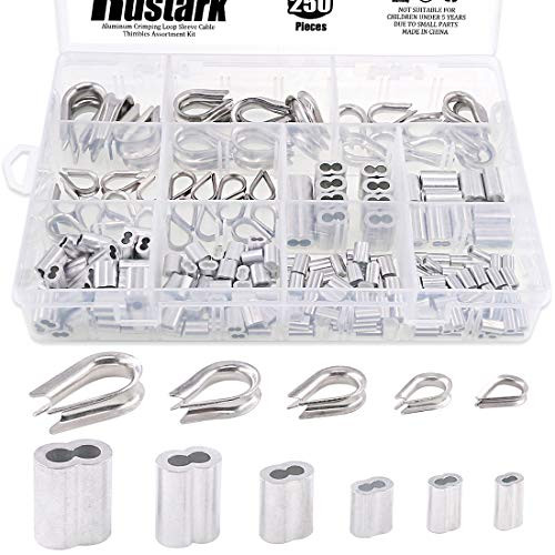 Rustark 250Pcs 6 Sizes Metric Aluminum Crimping Loop Sleeve Cable Ferrule Decoy Crimps Assortment Kit for Wire Rope and Cable Line End  M12M4