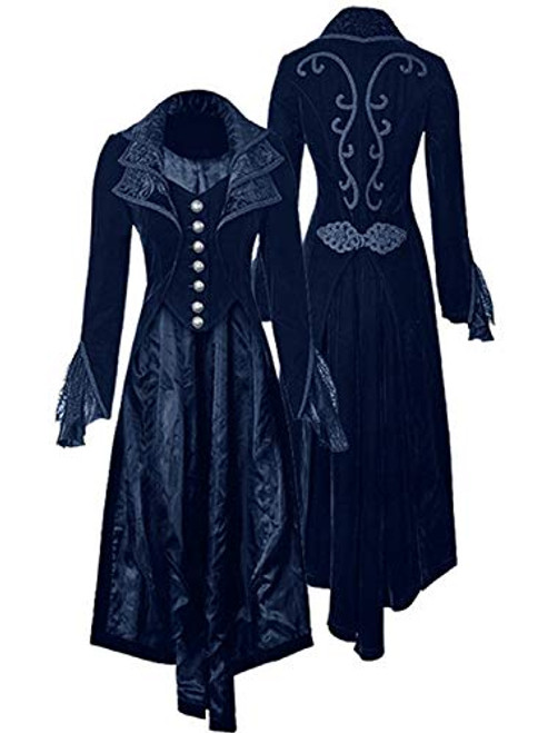 Womens Steampunk Gothic Vintage Jacket Victorian Tailcoat Long Trench Coat Jacket Halloween Costume XL blue