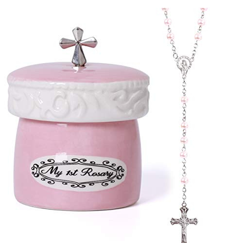 My First Rosary Cross for Girl Keepsake Box and Rosary Gifting Set Pink