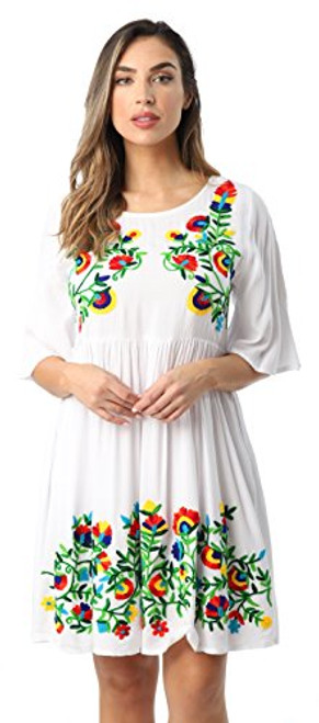 Riviera Sun 21824WHT1X Rayon Crepe Short Dress with Multicolored Embroidery White