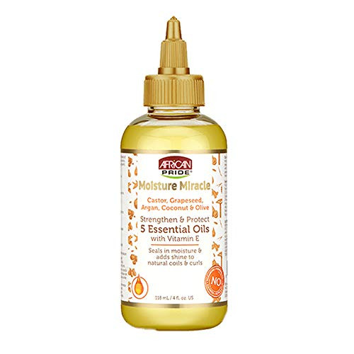 African Pride Moisture Miracle 5 Essential Oils  Contains Castor Grapeseed Argan Coconut  Olive Oil Seals in Moisture  Adds Shine Vitamin E 4 oz