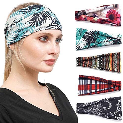 Victray Boho Turban Flower Headband Elastic Knotted Wide Head Wrap Printed Hairband Fashion Hair Accessories for Women and Girls Pack of 5