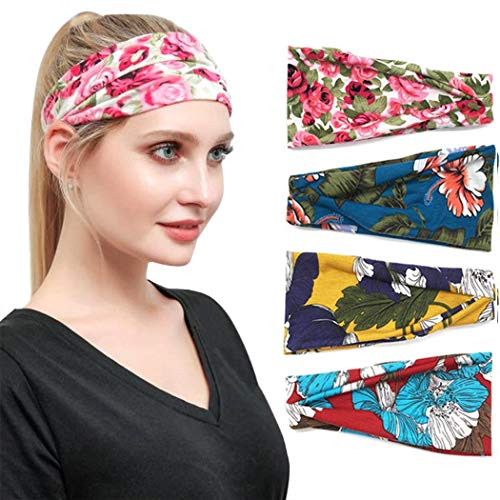 Victray Boho Flower Headband Elastic Criss Cross Turban Head Wrap Printed Wide Cotton Knotted Hairband Floral Non Slip Headbands for Women and Girls Pack of 5