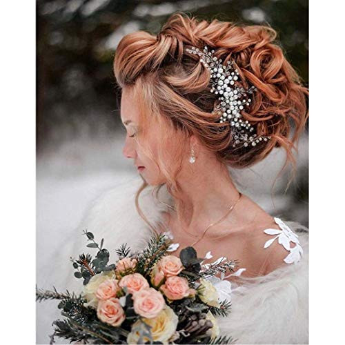 Catery Bride Wedding Headband Silver Pearl Hair Vine Braid Headpiece Bridal Hair Accessories for Women