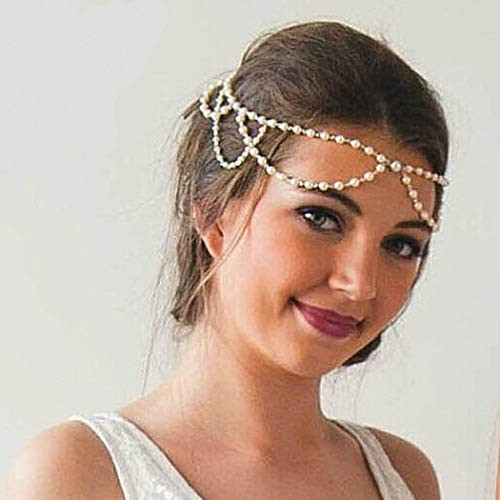 Catery Bride Wedding Headbands Jewelry Pearl Hair Chain Boho Headpiece Head Chain Summer Christmas Head Chains Vintage Gold Hair Jewelry for Women and Girls