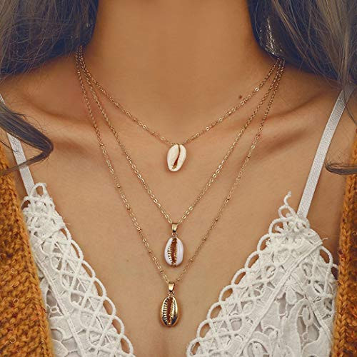 Hannah Boho Layered Necklace Gold Beach Shell Pendant Necklaces Chain Jewelry Adjustable for Women and Girls