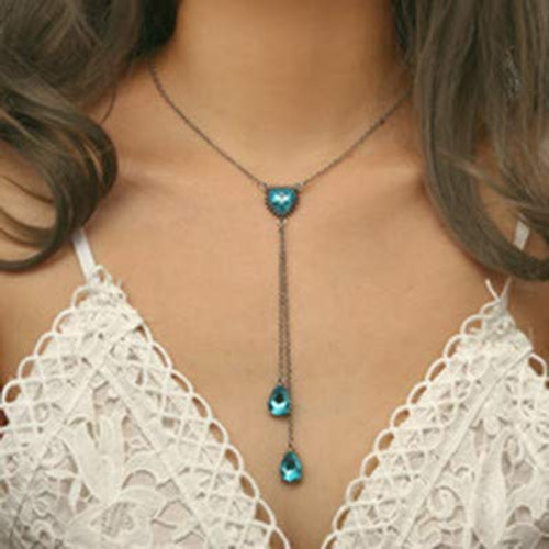 Jovono Blue Crystal Pendant Necklaces YNecklace Chain Jewelry for Women and Girls Silver