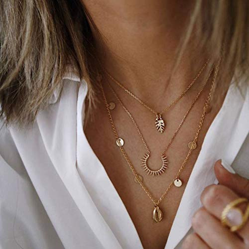 Jovono Boho Multilayered Shell Sequins Pendant Necklaces Leaf Necklace Chain Jewelry for Women and Girls Gold