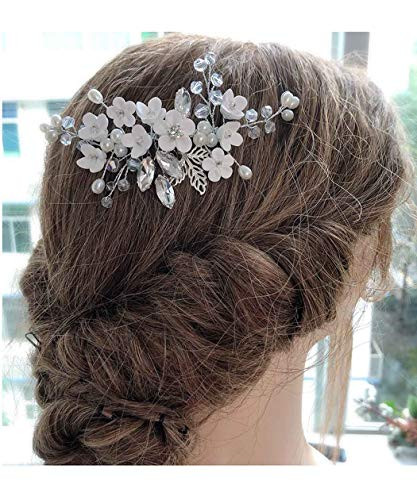 Fstrend Bridal Wedding Hair Comb Flower Silver Sparkly Rhinestone Side Combs Crystal Bride Leaf Pearl Hair Accessories for Women and Girls Silver