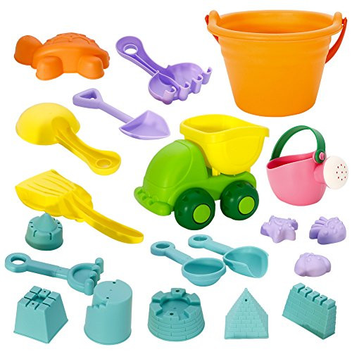 ThinkMax Beach Sand Toys Set, 20pcs Soft Pool Beach Toy for Kids Toddlers with Truck, Bucket, Watering Can,Shovels, Rakes, Diverse Sand Molds