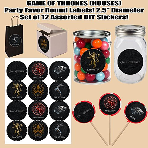 Game of Thrones HOUSES Large 2.5 Round Circle Stickers to Place onto Party Favor Bags, Cards, Boxes or Containers -12 pcs